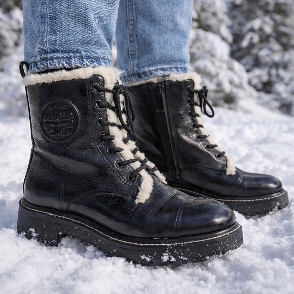 Tory Burch Miller 50 Sz 8 Shearling Lug Sole Patent Leather Combat Boots Grunge